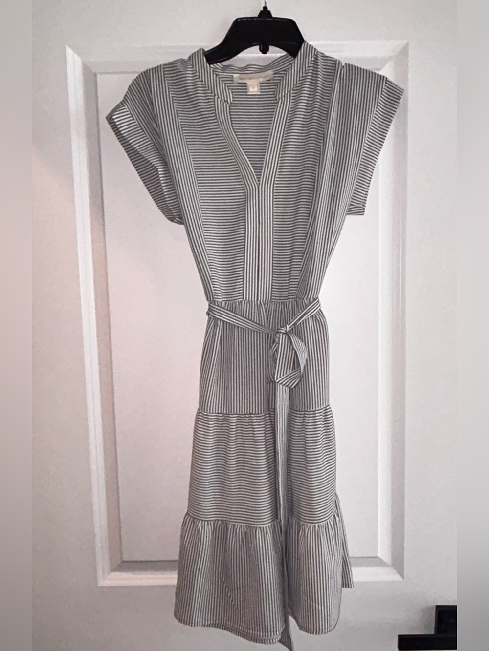 Striped V-Neck Belted Mini Dress - Grey & White
